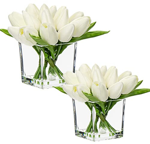 Oairse Set di 2 fiori artificiali in vaso, 14 pezzi, mini tulipani finti realistici al tatto, in vaso di vetro cubico con finto tulipano bianco acqua, bouquet per casa, matrimonio, centrotavola
