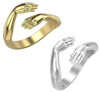 KBRPEY 2 Stück Umarmung Ring Damen Verstellbarer Umarmungsring Romantischer Love Hugging Hands Ring Silber Geben Sie Mir Eine Umarmung Hand Offene Ring