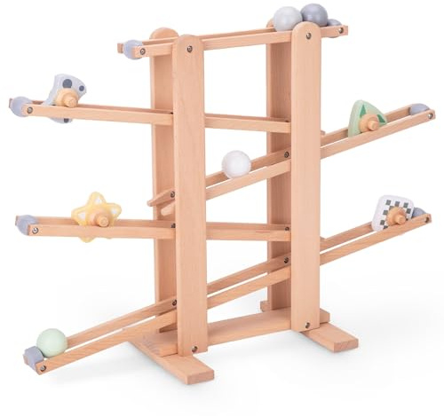 Mamabrum Grande Pista per Biglie in Legno - Scivolo con 4 Elementi Rotanti e Palline in Legno - Gioco Educativo per Bambini