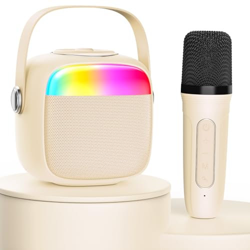 JYX Mini Karaoke Machine avec 2 Microphones sans Fil pour Enfants Adultes, Enceinte Karaoké Portable pour La Communication arents-Enfants/Cadeaux D'accompagnement L'apprentissage Précoce Beige/Rose