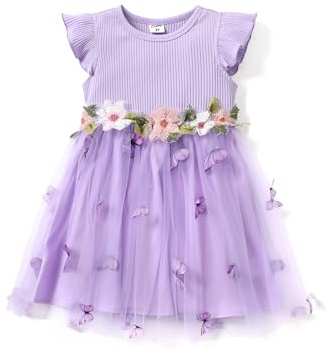 PATPAT Girls Party Dress Sleeveless, Girl's Tulle Princess Dresses Flower Embroidery, Ball Gown Tutu Dress for Wedding Birthday Pageant Baptism Christening Banquet Holiday Festival Purple