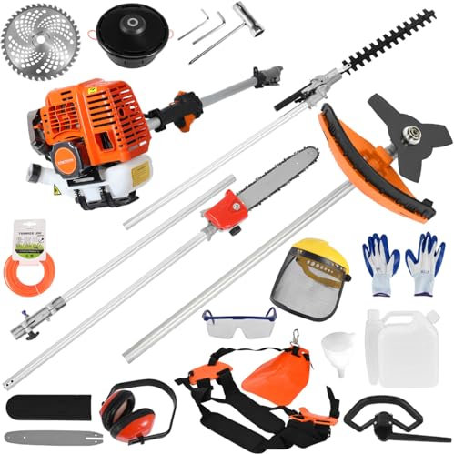 Benzin Motorsense, 5in1 Multitool, Benzin Motorsense mit 52 cc, Rasentrimmer, Heckenschere, Grasschere, Kettensäge, Hochentaster, 250mm Schwert/Kette, schwenkbar, mit Schnellwechsler und Gurt (Orange)