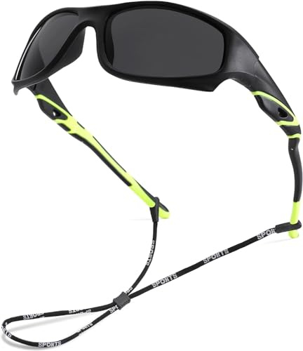 LIU·WEN Kids Sports Baseball Polarized Sunglasses - Flexible Shades With Strap for Youth Boys Girls Age 4-12(Green/Gray Lens)