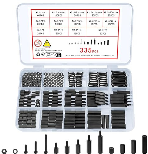 335 Pz M2.5 Distanziatori Esagonali in Nylon Nero, Hex Distanziatore Maschio Femmina in Nylon, Viti a Testa Croce Bulloni e Dadi Set, Vite e Dado e Rondelle Assortimento Kit per Scheda Madre PCB