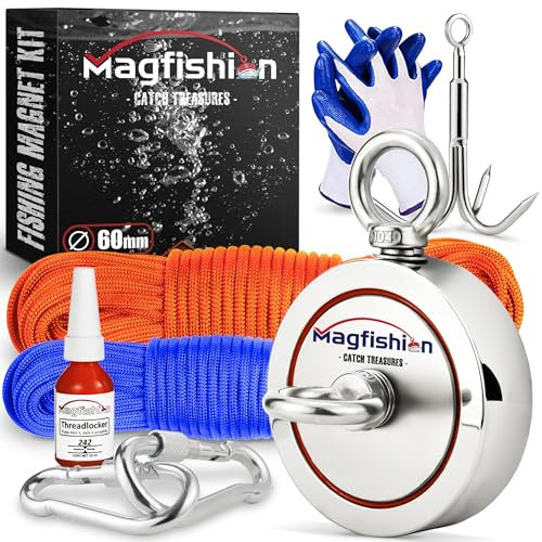 MAGFISHION Magnet Fishing Kit - 300 KG (700lb) - Ø60mm - Super Strong Neodymium Magnet with 2 Ropes, Grappling Hook, Carabiner, Gloves, Threadlocker - Magnetic Powerful Magnets