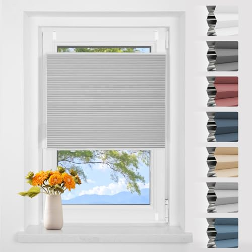 Verdunklungsplissee Wabenplissee ohne Bohren Weiß-hellgrau 45x110cm(BxH) Thermo Plissee ohne Bohren Verdunkelung Zweifarbig 100% Blickdicht Sonnenschutz & Schallschutz Plisseerollo Klemmfix