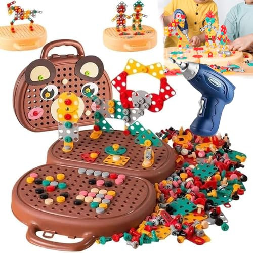 Kids Tool Set - 203PCS Magic Montessori Play Toolbox Bear with Electric Drill & Screw Tools, Creative Mosaic Puzzle Pretend Play Kit for Kids Ages 3-12 (Bear)