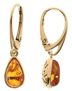 Artisa-Schmuck Boucles d'oreilles en ambre pour femme avec ambre plaqué or 925, Länge 3cm, Breite 1,1cm, Argent sterling plaqué or et ambre de la Baltique, Ambre