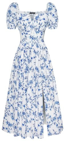 Scarlet Darkness Women's Floral Corset Dress with Split 2026 Summer Spring Square Neck Midi Milkmaid Dresses White Deep-Blue Floral M