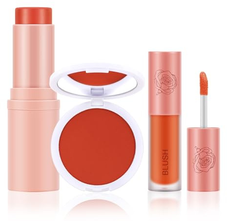 Boobeen 3 Pcs Blush Kit, Blush Pulver erröten Stick und Flüssigkeit erröten, leichte lang anhaltende Multi-Use-Creme erröten Gesicht Make-up mischbar, matt und taufrischen Finish