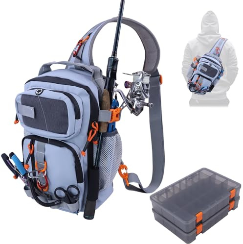 VKVXCLON Fishing Backpack Tackle Storage Bag with 2 Tackle Boxes,Lightweight Outdoor Water-Resistant Fishing Shoulder Bag with Rod Holder-Store Fishing Gear for Fishing(Grey)
