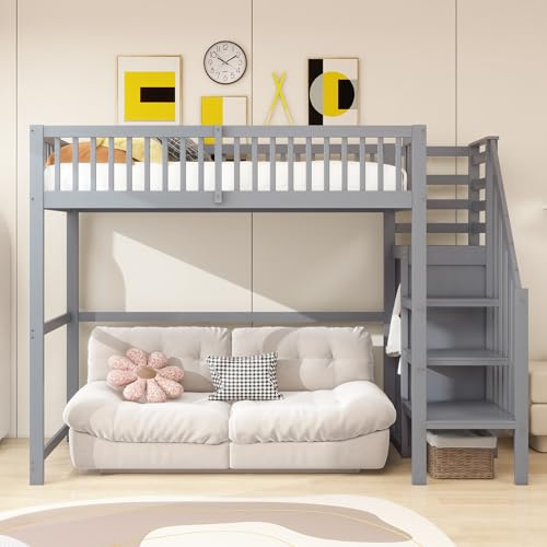 Cama alta 90 x 200 cm con escalera, cuna de madera con estante de almacenamiento, armario sencillo gris