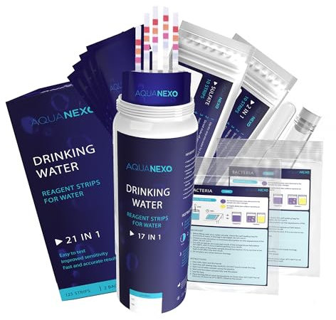 AQUANEXO 21 Parameter, 125 + 20 Trinkwasser Teststreifen + 2x Coliforme Bakterien Test, pH Teststreifen, Wassertester Trinkwasser, Wasserhärte messen, Trinkwassertest, Wasserhärte Teststreifen
