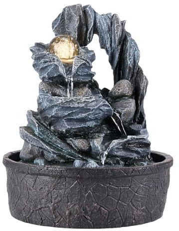 BTGGG Indoor Water Fountain with Rolling Ball LED Light, Indoor Water Feature Table Top Waterfall with Cascading Mountains, Desktop Fountains for Decoration Relaxation, 3 Pin UK Plug Included