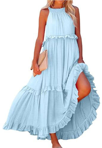 Maxi Dresses for Women UK 2026 Women's Summer Sleeveless Halter Pleated Maxi Dresses Ruffle Flowy Casual Layered Womens Cocktail Long Dress