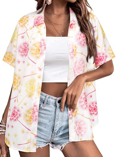 Yihelian Hawaiian Shirts for Women Summer Short Sleeve Top Floral Tropic Printing V Neck Button Down T Shirts Blouses A-Pink