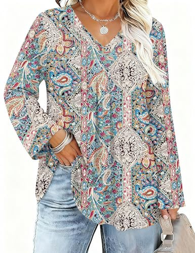 IECCP - Blusas con manga de 3/4, cuello en V, talla extragrande, casual, de moda, de manga larga, camisa suelta para mujer, túnica (1X-5X), 3XL