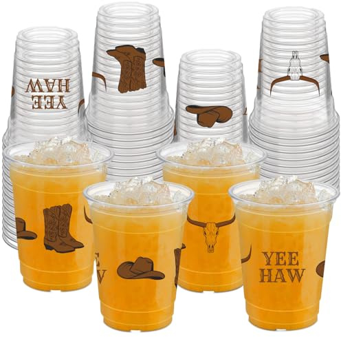 HYMENEX 50Pcs Western Cowboy Plastic Cups, 12 oz Brown Cowboy Party Cups for Preppy Party Decoration Western Birthday Party Supplies