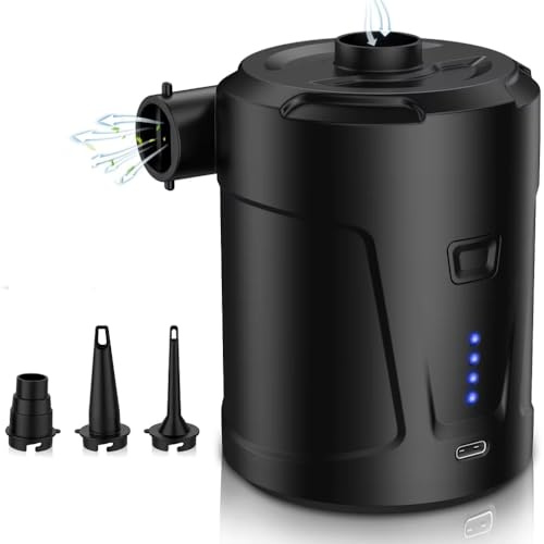 FAVIAN Pompa Elettrica Portatile da campeggio Rapida 5200 mAh – Ricaricabile USB-C – 3,5 Bar – Compatta e Leggera con 3 Ugelli per Materassi, Piscine e gonfiabili