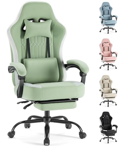 Sweetcrispy Computer Gaming Chair - High Back Ergonomic Desk Chair with Footrest and Lumbar Support, Height Adjustable with Linkage Armrests and Headrest, 360° Swivel Wheels, Fabric, Green