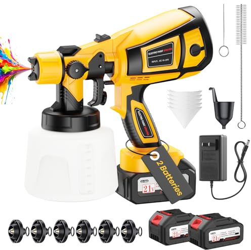 Cordless Paint Sprayer with 2 Batteries, 650W HVLP 21V Battery Powered Handheld Paint Gun Kit, 6 Nozzles & 3 Spray Patterns, Efficient Electronic Tool & Gifts for Fence, Wall, Cabinets, House Painting