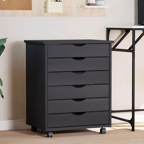 Mokuyary Moss Rolling Cabinet with Drawers, Grey Solid Pine Rolling Container with 6 Drawers, Mobile Filing Cabinet with Wheels, Office Container, Side Table, Office Cabinet for Living Room, Office
