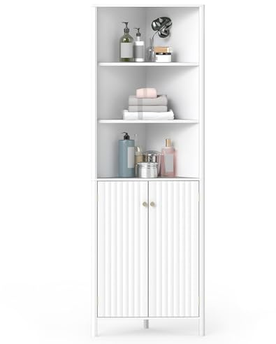 COSTWAY Armario Esquinero de Almacenamiento, Armario Esquina Alto con 5 Estantes y 2 Puertas Acanaladas, Gabinete de Baño Esquinero con Estante Ajustable para Salón Dormitorio, 32x58x172,5 cm (Blanco)