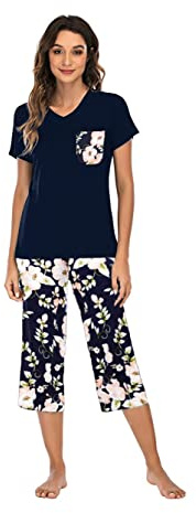 Famulily Pyjamas Women adies Pyjama Set Soft Short Sleeve Sleepwear Two Piece Blue L