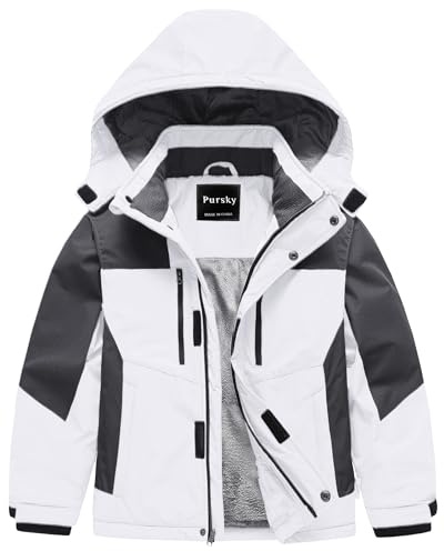 Pursky Kids Jackets Boys Ski Jacket Hooded Waterproof Fleece Lined Snow Coat White 4/5