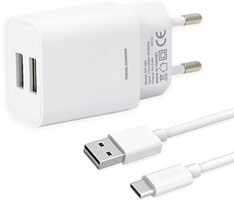 Leyf Cargador USB de 2 Puertos de 12 W y Cable de Carga USB A a Type-c (1 m), Adaptador de Corriente, Viaje, Compatible con Todos los Dispositivos con Puerto Micro USB