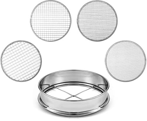 Soil Sifter Garden Sieve, with 20cm/7.9in Stainless Steel Sifting Pan and 3/6/ 9/ 12mm Mesh Sizes, Garden Mesh Sieve Garden Soil Sieve Soil Filter Dirt Garden Sieve Soil Sifter