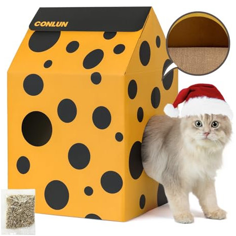 Conlun Katzenhaus Pappe mit Kratzbretter Katze&Katzenminze, Einfach zu Montierendes Katzen Kratzmöbel für Verschiedene Wohnkultur, Kratzbrett Katzenhöhle für Indoor-Katzen&Kleine Tiere zum Geburtstag