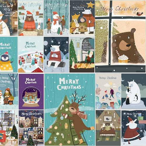Bear and Bee 30 divertidas tarjetas de Navidad en inglés – 30 diseños diferentes con sobres marrones de papel kraft reciclado