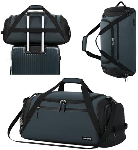FIORETTO 45L Mens Sports Gym Bag with Wet Pocket & Shoe Compartment, Travel Duffle Bag Overnight Bag with Padded Shoulder Strap, Water-Resistant Holdall for Swimming, Basketball, Football Grey