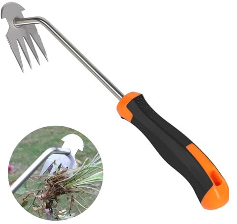 ENLACE Gartenarbeit Hand Unkrautstecher, Unkrautentferner mit Stiel, Manueller Unkrautjäter, Fugenkratzer mit Stiel, Unkrautgabel für Garten zum Graben, Umpflanzen, Jäten, Gummigriff 4 Zähne