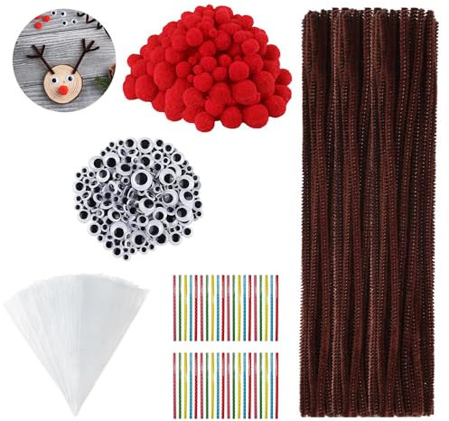 Taechalingo 650 Stück Pfeifenputzer Set(Wackelaugen Selbstklebend*150,Rote Pom Poms*150,Pfeifenreiniger Braun*150,Süßigkeiten Tüten*100,Twist Ties*100),Chenille Draht,Bastelzubehör Kinder