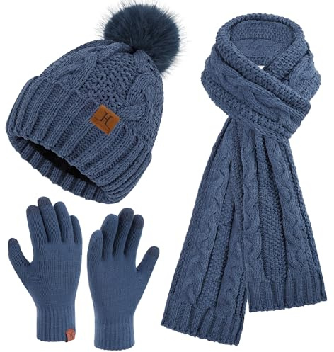 ZASFOU Femme Hiver Bonnet Chapeau Foulard Écran Tactile Gants Ensemble Chenille Pompon Tricot Polaire Doublé Casquette Écharpe Gant Cadeaux pour Femmes