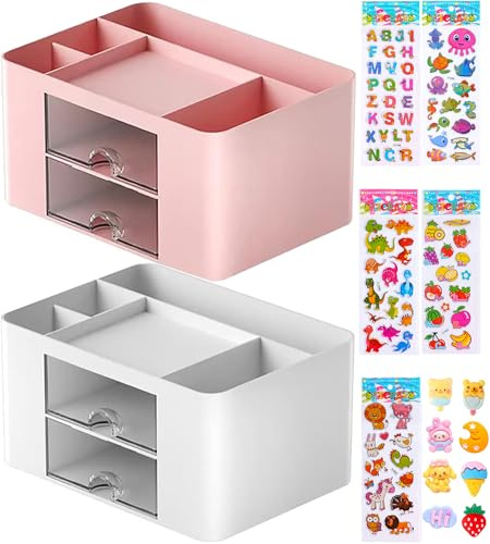Lostwry Skrivbordsorganisatör med lådor, multifunktionell platsbesparande skrivbordsförvaring, pennhållare, bordsorganisatör för skrivbord med 5 fack för kontor, hem, skola (rosa + vit)