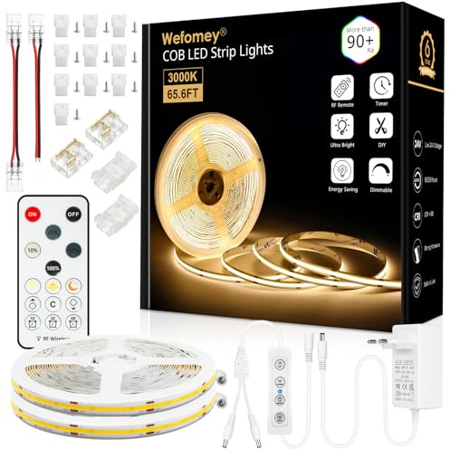 Wefomey 20M Ruban LED COB, Blanc Chaud 3000K Flexible Dimmable 24V avec Telecommande et Alimentation, CRI>90, Largeur 8mm, 324 LEDs/M, Ruban LED Blanc Chaud pour Maison Chambre Miroir Décorer