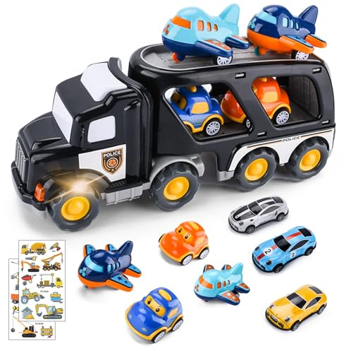 TAVADA 8 in 1 Camion Macchinine Giocattolo Trasportatore con Suoni e Luci per Bambini 1 2 3 4 5 Anni, 7 Mini Cars, Macchina Trucks Regalo per Bambino Ragazze Ragazzi