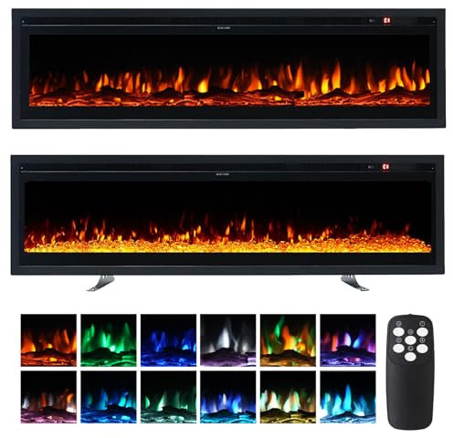 INMOZATA 3 IN 1 Electric Fire 152cm/60 Wall Mounted/Recessed/Freestanding Electric Fireplace with Remote & Touch Screen Control 12 LED Color Flame Effect, 2 Heat Power 900W&1800W, Crystal & Log Set