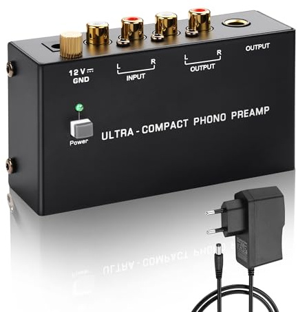 SinLoon PP400P Préamplificateur Phono Professionnel Double Sortie (RCA et ¼ Pouce) avec borne à Terre et Interrupteur d'alimentation, amplificateur phonographe Plateau tournant à Faible Bruit (Noir)