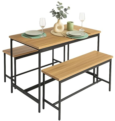 Miroytengo Juego de Mesa Fija de Cocina con 2 bancos, Muebles de Cocina Lari Roble Cambrian y Negro Mesa 110x75x60 cm y 2 Bancos 98x45x30 cm