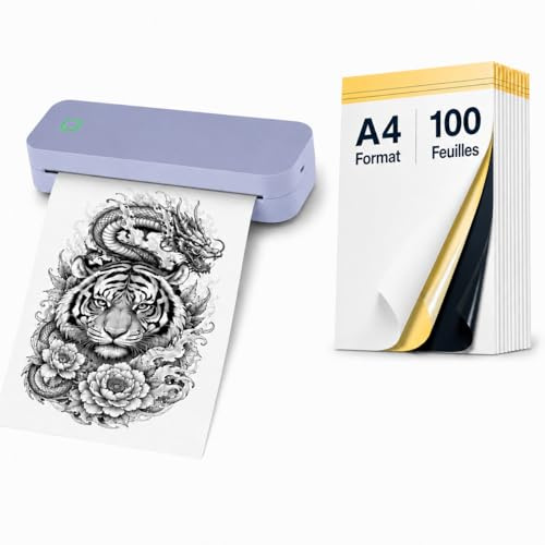 Ablemark Imprimante Thermique A4 Bluetooth + Papier Transfert Tatouage A4 100 Feuilles