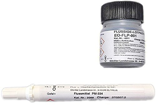 EO-SMD-Lötset Nr. 11 (1 x EO-FLP-001 -Flüssige No-Clean Lotpaste, Pinselflasche 50 g, SnAg3Cu0,5 + 1 x Flussmittelstift/Pen EO-FA-334, 8 ml No-Clean Flussmittel, 3,0% Feststoff)