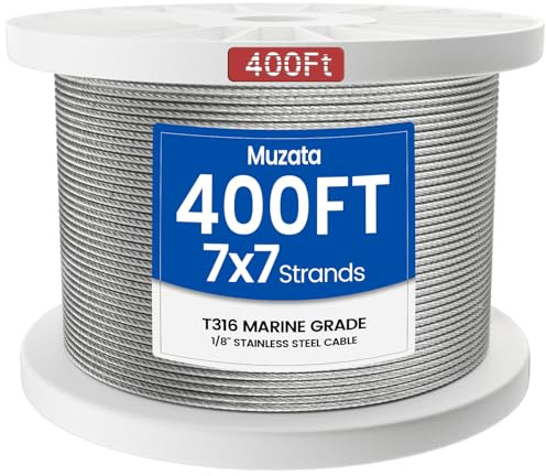 Muzata 400 ft 1/8 Stainless Steel Cable Railing System Hardware T316 Stainless Steel Wire Rope 7x7 Strands 1800 lb Breaking Strength Deck Cable Railing Kit for Indoor Outdoor Coastal WR02