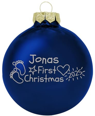 Deitert Weihnachtskugel mit Wunschtext Gravur, Ø 8cm, personalisierte Christbaumkugel aus Glas (glänzend), Individueller Weihnachtsbaumschmuck Namen oder Spruch, Babys First Christmas, Blau