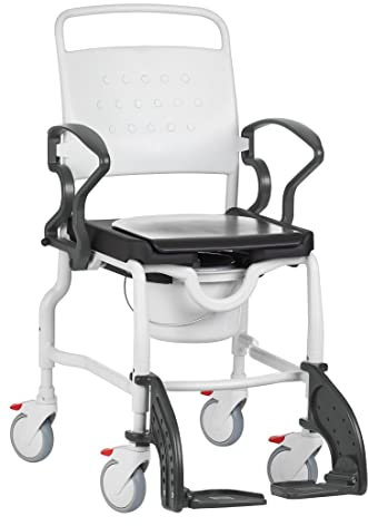 FabaCare Dusch- Toilettenrollstuhl Frankfurt, höhenverstellbar, made in Germany, Premium Toilettenstuhl, Duschstuhl fahrbar, Rollstuhl mit WC Eimer, Grau-Grau