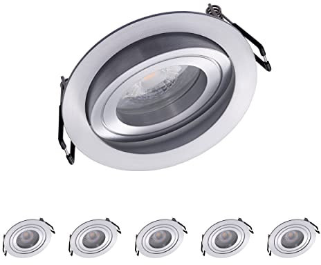 Oktaplex 6er Set Einbaustrahler mit LED Modul - 3 Stufen dimmbar - Aluminum Lyon 4,8 W 2700K 230V 380 lm Warmweiß LED Spot Einbaudurchmesser 80mm Rund