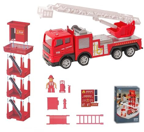 AptoFun brandkår leksaksset med 1:55 tryck och kör. Brandbil (17 x 4,8 x 7,2 cm), brandstation och 2 brandmän med verktyg för barn från 2 år